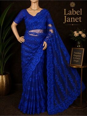 Royal Blue Embroidered Saree Set & stitched blouse (Brand New)